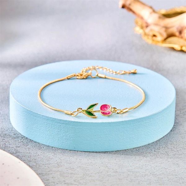 Charme Armbänder 2023 Mode Tulpe Blume Armband Für Frauen Elegante Farbige Rose Gold Farbe Kette Romantische Schmuck Zubehör