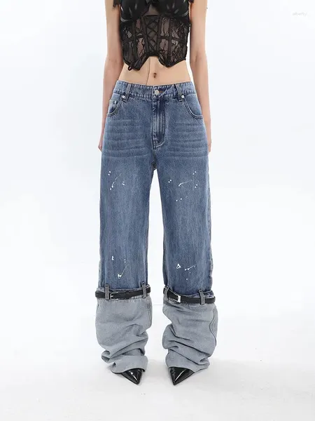 Jeans femininos 2023 verão outono cintura alta graffiti retalhos contato cor couro botão denim calças maré