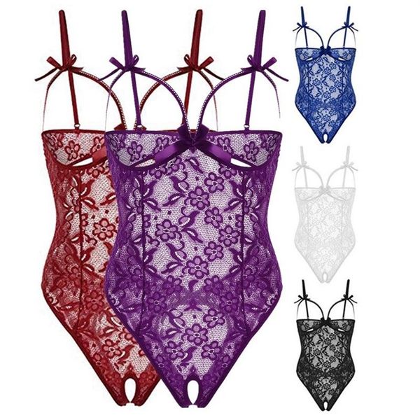 Wome Sexy Midnight Body ouvert en dentelle florale et maille Teddy avec dos découpé vêtements de nuit Lingerie Teddies S-XXL Multicolors2540