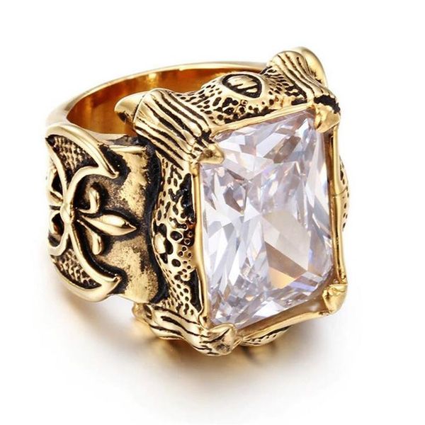 Quadratischer Herrenring aus weißem, grünem, violettem und rotem Stein, Punk, Vintage-Stil, Gold, Titan, Edelstahl, Drachenklauen, Zirkonia, Ring für Männer, 259t