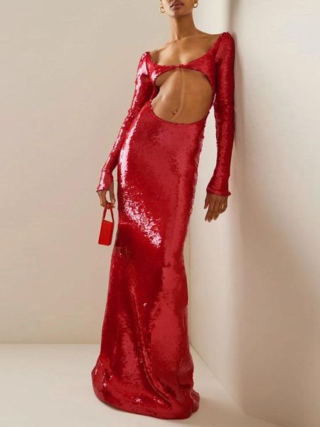 Повседневные платья, сексуальное облегающее платье макси с длинными рукавами и блестящими пайетками, женское платье с открытой спиной и красным вырезом, элегантное блестящее вечернее платье знаменитостей