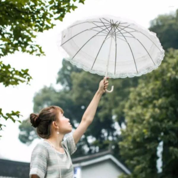 Guarda-chuvas Branco Guarda-chuva Lace Vintage Não Molhando Único Sunshade Bilayer Parasols À Prova de Vento Forte Long Handle Guardar Chuva Rain Gear