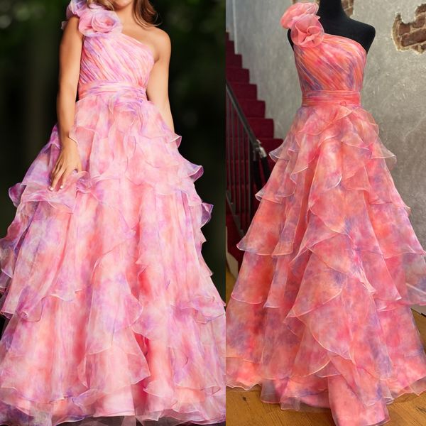 Pembe Baskı Prom Elbise 2K24 Bir omuz Çırpı Katmanları Çiçek Organza A-Line Lady Pageant Resmi Akşam Etkinlik Partisi Pist Siyah Tie Gala Tatlı 16 Elbise Yüksek Bel