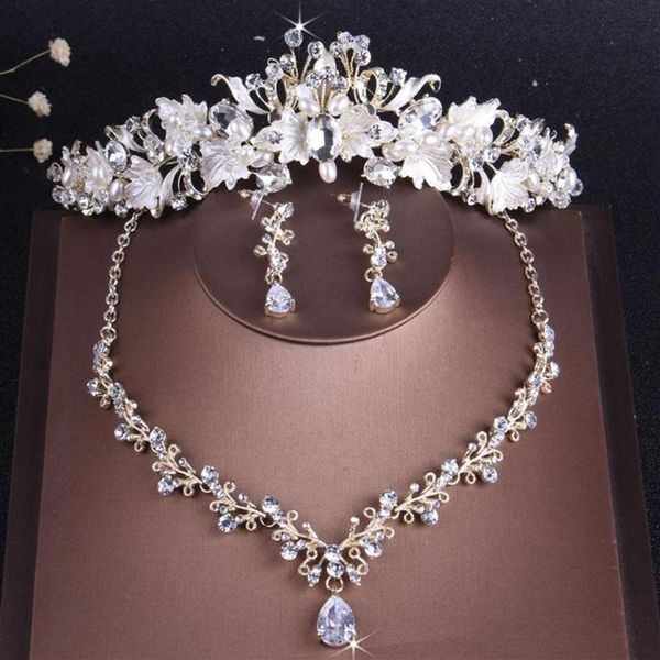 Orecchini Collana Barocca Vintage Oro Cristallo Foglia Perla Set di gioielli floreali Set da sposa Strass Girocollo Tiara Corona280D