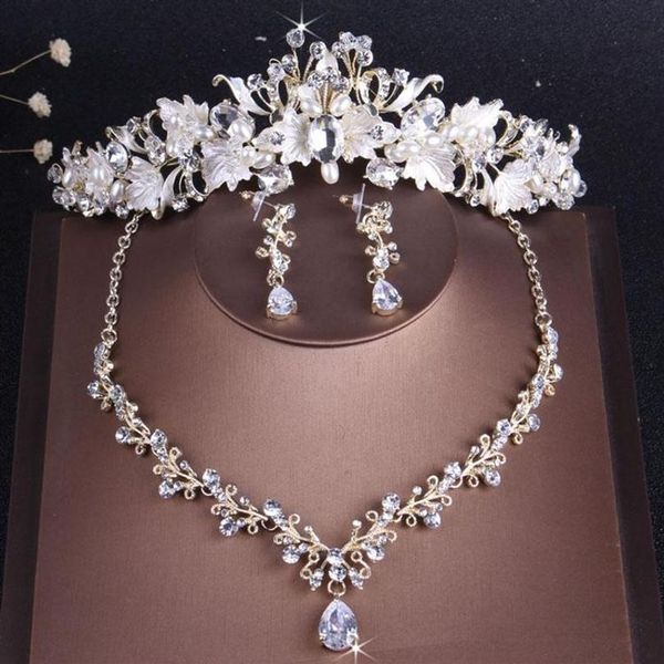 Orecchini Collana Barocca Vintage Oro Cristallo Foglia Perla Set di gioielli floreali Set da sposa Strass Girocollo Tiara Corona309f