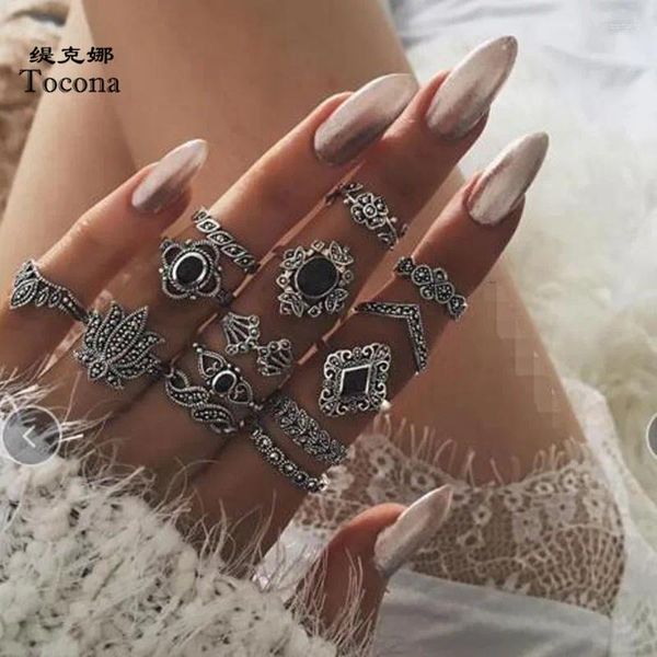 Anéis de cluster vintage prata cor lótus para mulheres preto strass geométrico flor junta anel festa jóias anillos 9134