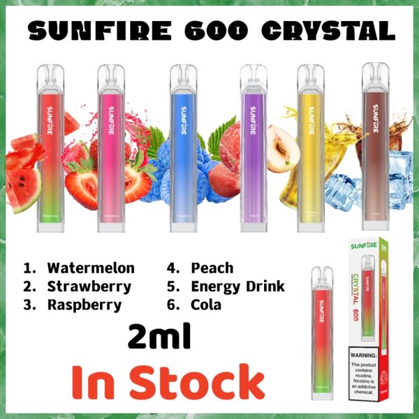 Sunfire 600 puflar kristal çubuk tek kullanımlık vape elektronik sigara LED ışıklar ekran hava akışı ayarlanabilir örgü bobin puf 600 kalem karpuz kola instock fast eu