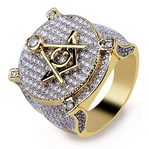 Luxuriöse Hip-Hop-Freimaurer-Symbol-Freimaurerringe für Herren, Micro Pave-Zirkonia, Bling Bling, simulierte Diamanten, 18 Karat vergoldet, Ring244R