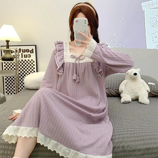 Pijamas femininos 2023 outono plus size bonito princesa manga longa algodão camisola para mulher vestido noite nightdress