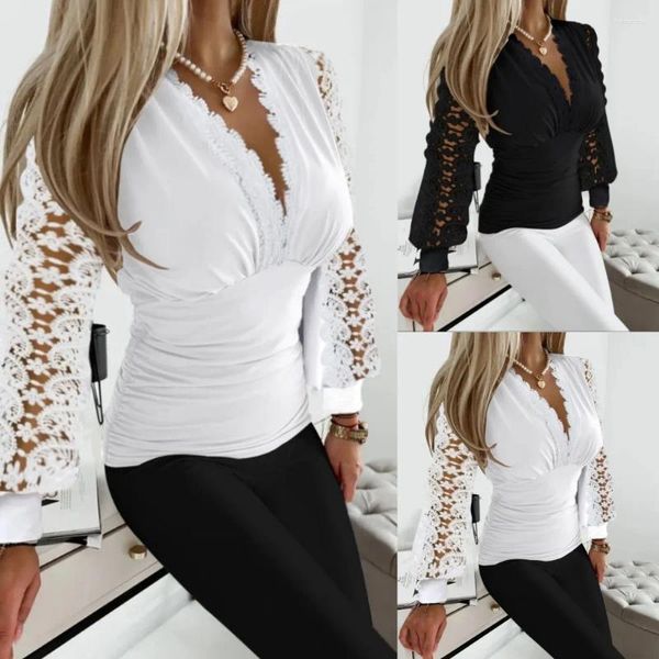 Camicette da donna Sexy pizzo bianco profondo scollo a V top da donna e 2023 autunno inverno manica lunga ufficio Top Femme camicia per le donne camicetta nera