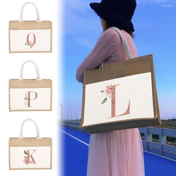 Сумки для покупок Джутовая сумка Льняная сумка на плечо Мешки из розового золота с буквами и цветами 2023 Женская сумка-тоут из ламината