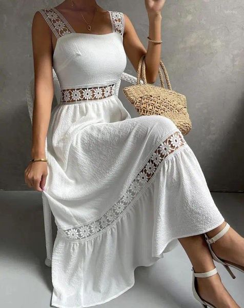 Casual Kleider Vestidos Plain Spitze Ärmelloses Maxi Kleid Für Frauen Hohl-Out Design Sommer Mode Böhmen Urlaub Hohe Taille