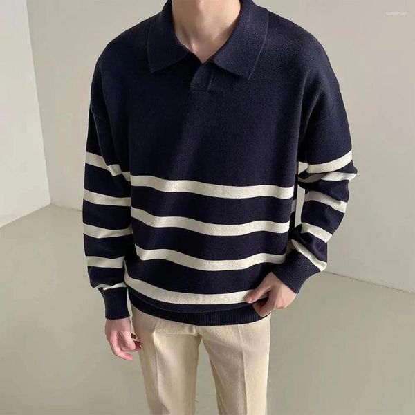 Мужские свитера с заниженными плечами, контрастный полосатый свитер с лацканами для мужчин, весна-осень, корейский повседневный простой вязаный свитер с длинными рукавами