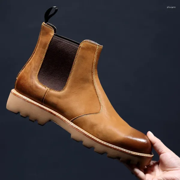 Botas Outono E Inverno Quente Masculino Britânico Moda Chesil Grosso-Solado Aumento De Couro De Tornozelo