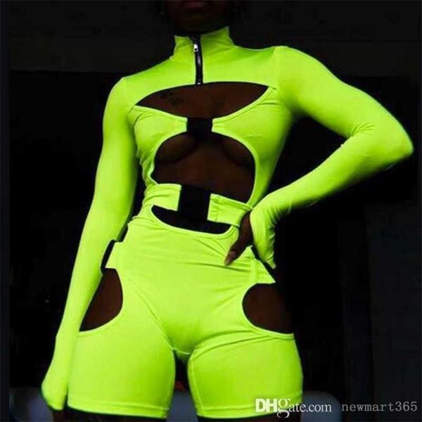 Sexy mulheres macacões designer primavera manga longa shorts bodysuit fluorescente verde mochila fivela botão macacão231b