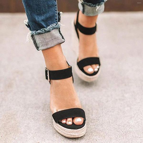 Sandalen Frauen Mode Schwarz Komfort Sommer Hohl Offene spitze Keilabsatz Schuhe Dame Frühling Schnalle High Heels