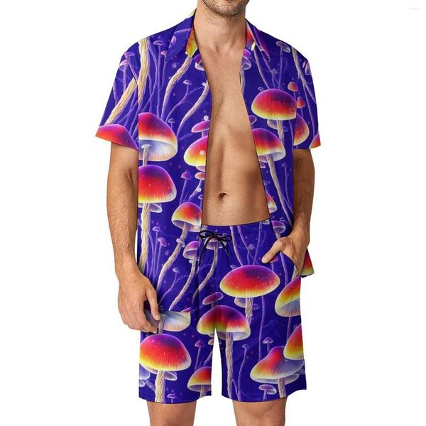 Fatos masculinos Cogumelos Mágicos Férias Homens Conjuntos de Cogumelo Imprimir Camisa Casual Conjunto de Design de Verão Shorts de Duas Peças Hawaii Terno Grande Tamanho