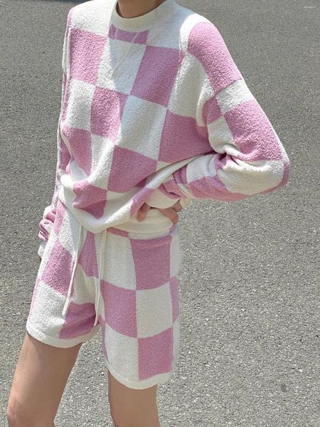Maglioni da donna Maglione scozzese con scollo a O in maglia Inizio autunno 2023 Maglioni corti larghi da donna a maniche lunghe Pullover Top