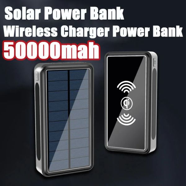 Taşınabilir 50000mAH Güneş Kablosuz Şarj Cihazı Güç Bankası LED Işık Açık Seyahat Telefon Şarj Cihazı Xiaomi Mi 9 iPhone için Powerbank