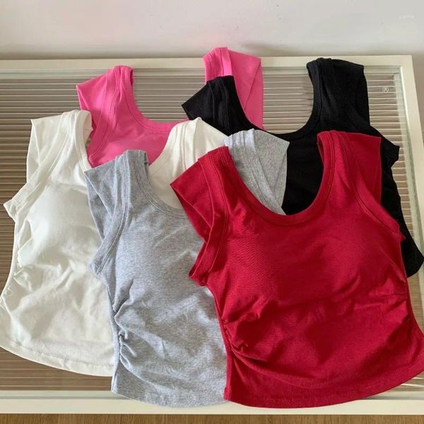 Damen Tanks Ins Sommer Y2k Top Frauen Ärmellose rückenfreie Falten Weibliche Tank Tops Eingebauter BH Damen All-Matching Camisole Drop