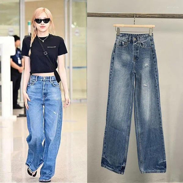 Calças de brim femininas moda clássico na moda designer de luxo alta rua solta ajuste perna larga calças jeans feminino a5