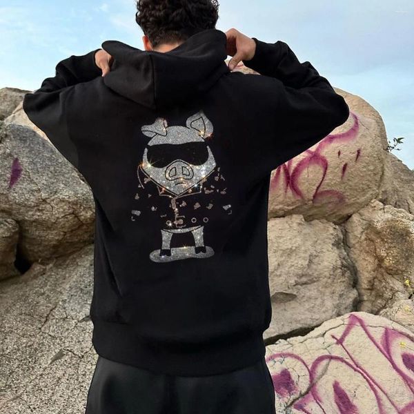 Hoodies masculinos de alta qualidade homens soltos moletom preto porco strass com capuz masculino casual quente jaqueta ao ar livre casacos mulheres pulôver