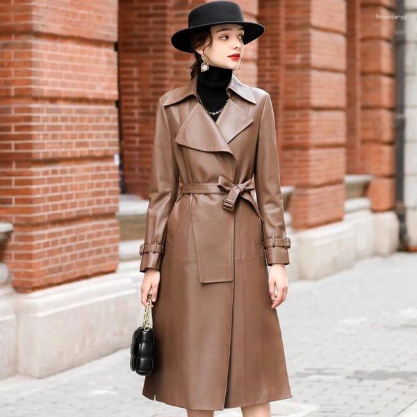 Женская кожаная куртка из натуральной овчины 2023, весеннее пальто с поясом, женская одежда, шелковые длинные куртки, черный женский плащ C