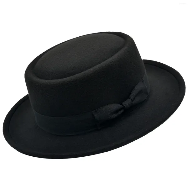 Berets Classic Walter White Boat Brim Fedoras Vintage Black Hat Soft Felt Unique Bow Hats Men