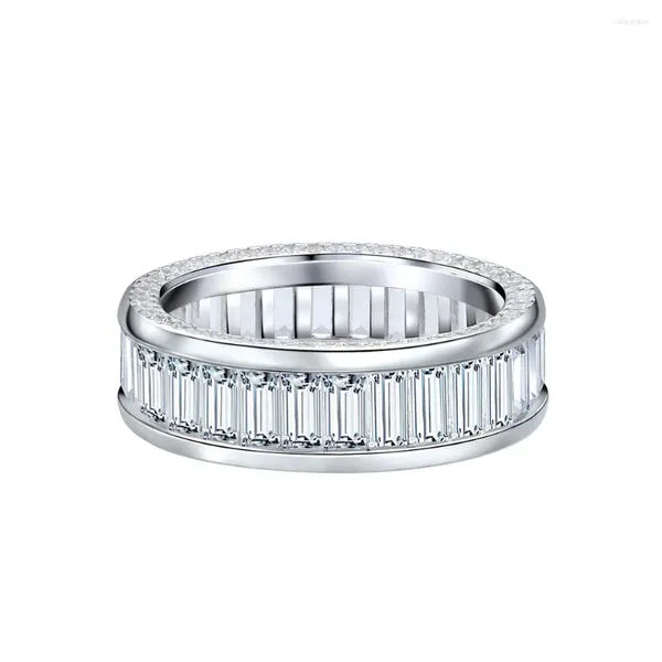 Anelli a grappolo TKJ Eternity Anello in oro bianco con taglio baguette incolore ad alto tenore di carbonio Anello di fidanzamento in argento sterling 925