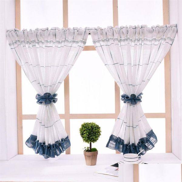 Tenda stile pastorale americano breve blu navy plaid tende trasparenti cotone lino cucina camera da letto per la decorazione domestica consegna di goccia giardino Dhwre