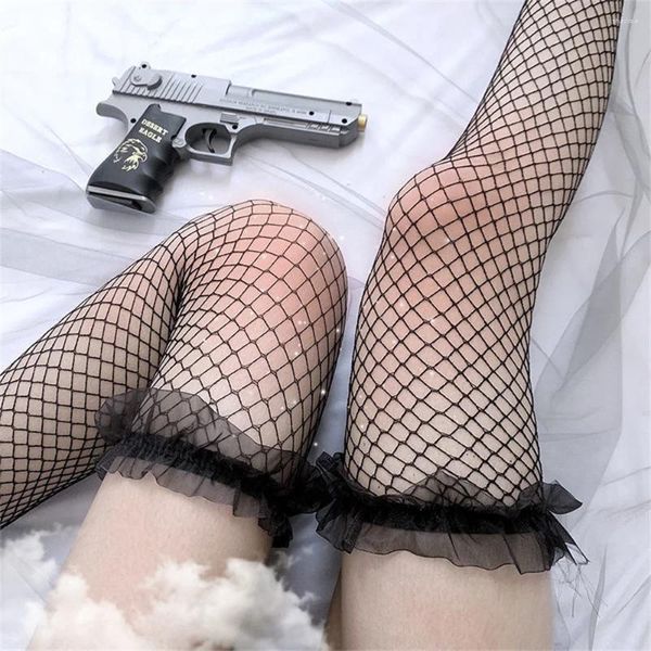 Meias femininas lolita preto babados sobre o joelho fishnet renda sexy meias jk grande malha empregada cosplay