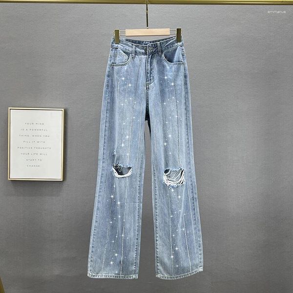 Jeans femininos rasgados de perna larga 2023 primavera verão solto strass calças jeans streetwear meninas azul lavado jean