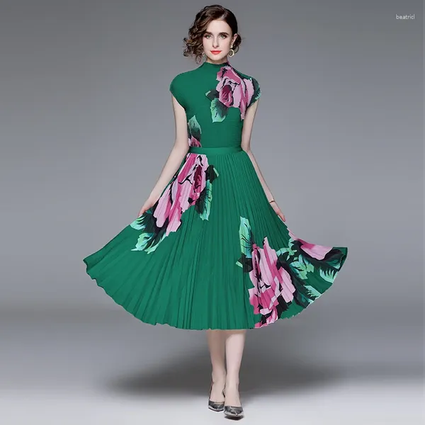 Vestidos de trabalho 2023 verão flor duas peças conjunto elegante feminino verde impressão manga curta topos cintura alta midi saia plissada ternos