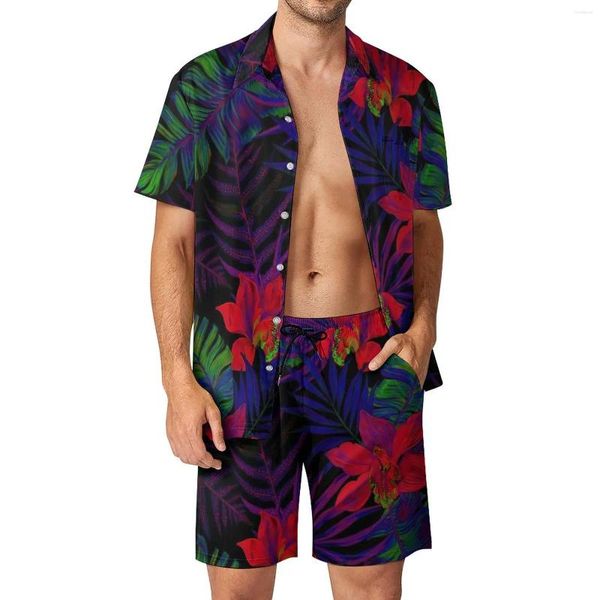 Herren-Trainingsanzüge, tropische Blumen-Männer-Sets, grüne Blätter, lässige Shorts, Sommer-Hawaii-Strandhemd-Set, kurze Ärmel, Übergröße, Anzug, Geburtstag