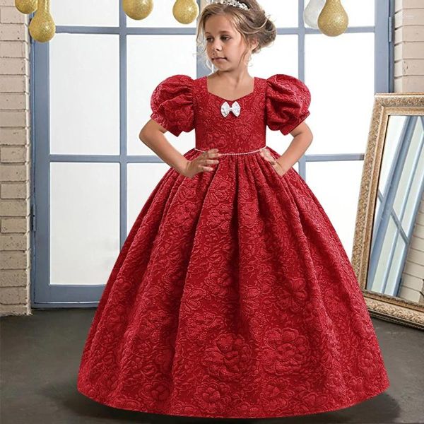 Mädchenkleider High-End-Blasenärmel gemusterter, flauschiger Rock für 4–14 Jahre alte Gastgeber, Klavier, Weihnachtsparty, Show-Performance-Kleid