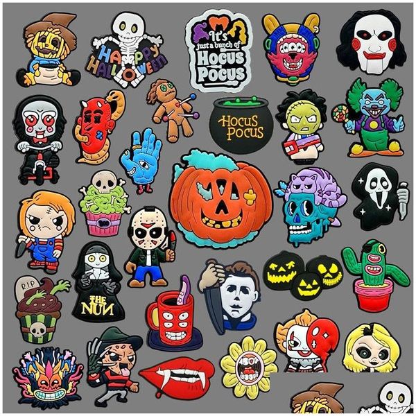 Charms Halloween Moq 1000pcs Gros Clog Charms 2D Soft PVC Horrible Films Accessoires de chaussures Boucles Décorations Fit Kid Bracelets Dhau1