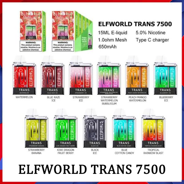 Оригинальная одноразовая сигарета Vape Pod E Elfworld 7500 ELF world 5 мл Одноразовые резервуары для вейпа 7500 затяжек Pod 650 мАч Перезаряжаемая батарея Type-C Зарядная сетчатая катушка