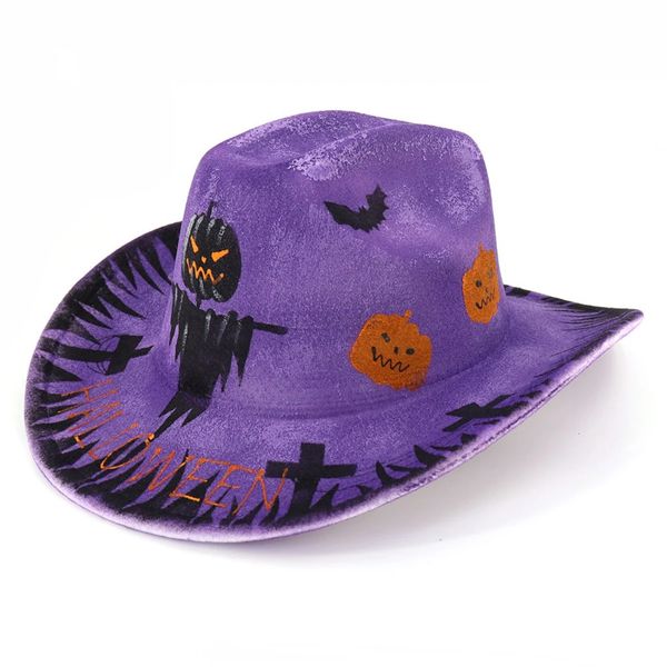 Cappelli a tesa larga Secchio Una donna dipinta a mano Halloween Graffiti Cappello da cowboy occidentale Lana Party Performance Jazz Gli uomini possono indossare 231027