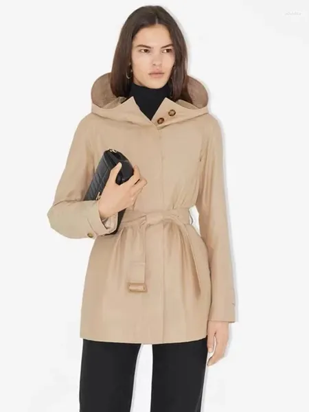 Trench da donna Cappotto con cappuccio con cintura di media lunghezza in tinta unita retrò da designer per giacca ampia all-in-one alla moda autunnale