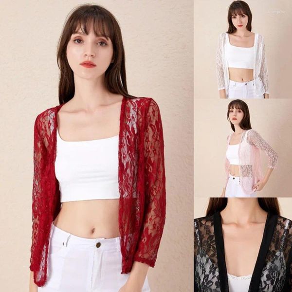 Blusas femininas mulheres verão quimono cardigan blusa à prova de sol estilo boho praia renda chiffon protetor solar outwear casual camisa de manga comprida