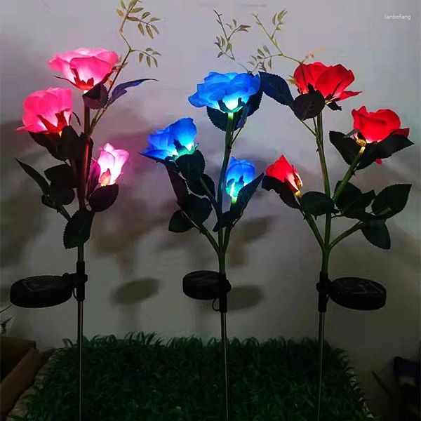 Decorações de jardim solar 3 cabeça rosa lanterna led paisagem luz ao ar livre à prova dwaterproof água villa lâmpada chão quintal gramado falso grama decoração