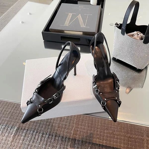 Тапочки Сандалии на каблуке Удобная обувь с неглубоким носком для женщин Большой размер Черные туфли на шнуровке для девочек Прозрачные остроконечные туфли на шпильке High chaussure femme 231026
