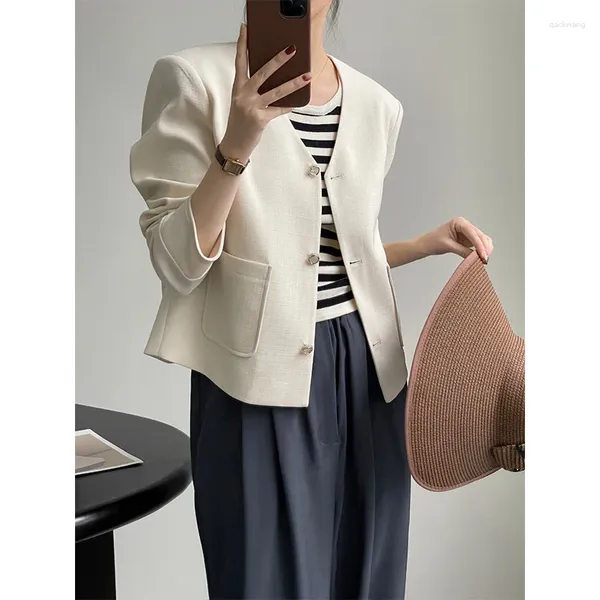 Abiti da donna Blazer corto in tweed bianco Giacca corta elegante con scollo a V primaverile