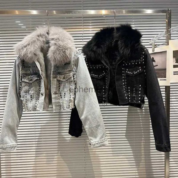 Jaquetas femininas outono inverno rebites denim bombardeiro jaqueta falso gola de pele de raposa jeans casaco de pelúcia interior quente cardigan mais veludo streetwear topos yq231027