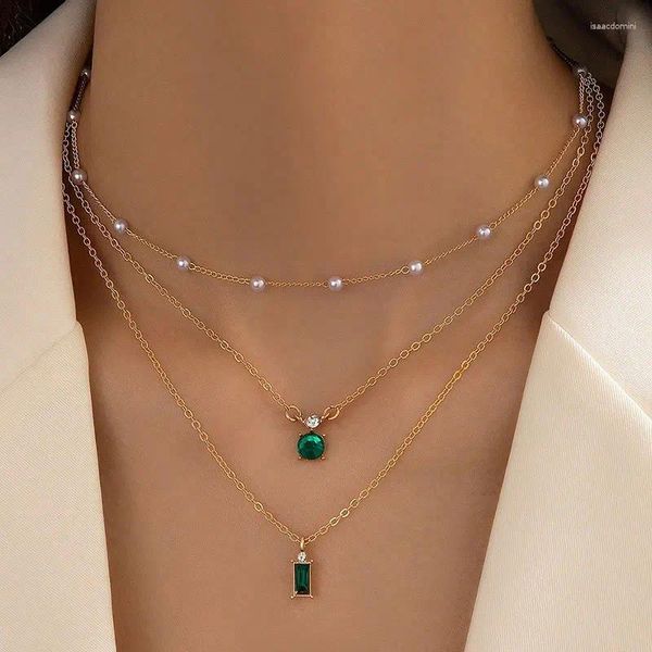 Catene Semplice impilata Retro Imitazione Verde smeraldo Perla Collana multistrato per le donne Accessori di gioielli alla moda Regali di compleanno