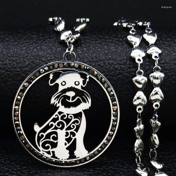 Anhänger Halsketten Mode Schnauzer Hund Kristall Edelstahl Halskette Für Frauen Silber Farbe Haustier Geschenk Schmuck Cadenas Mujer N80S07