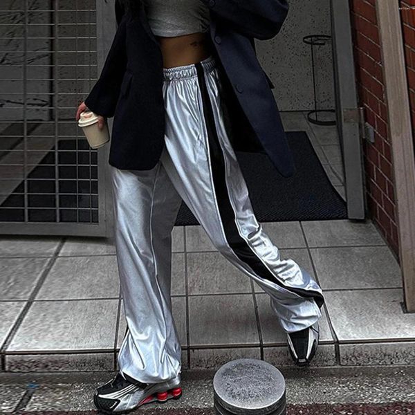 Pantaloni da donna Solid Fashion American Metallic Silver Satin Gamba dritta con pantaloni casual a vita bassa drappeggiati larghi a contrasto
