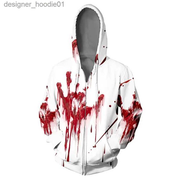 Moletons masculinos com capuz 2022 Nova camiseta 3D com capuz com zíper Sangue Splatter Horror Halloween 3D Zipper College Cosplay Costumes L231027