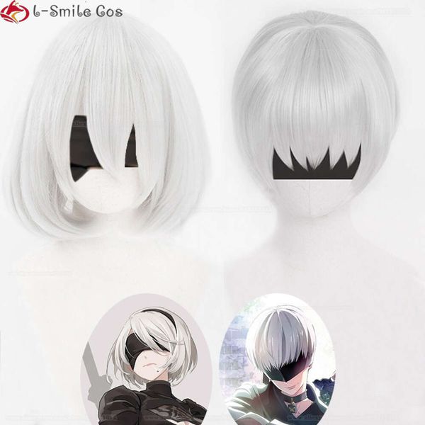 Costumi Catsuit di alta qualità Nier: automi n. 2 B 2B Yorha n. 9 tipo S 9S parrucca cosplay corta Sier capelli bianchi parrucche del partito + berretto parrucca