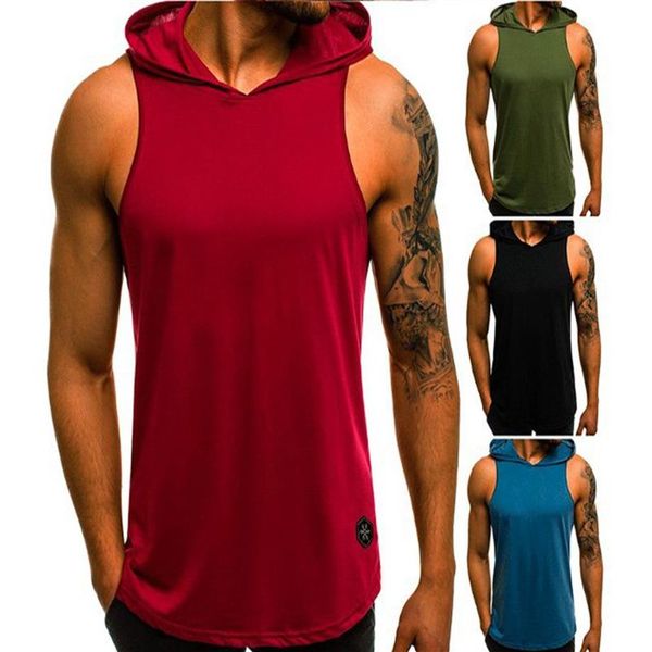 Moda Estate Uomo senza maniche con cappuccio T-shirt Felpa muscolare Felpa con cappuccio fresca Top PALESTRA Sport Slim Fitness con cappuccio Sportswer Tees247E